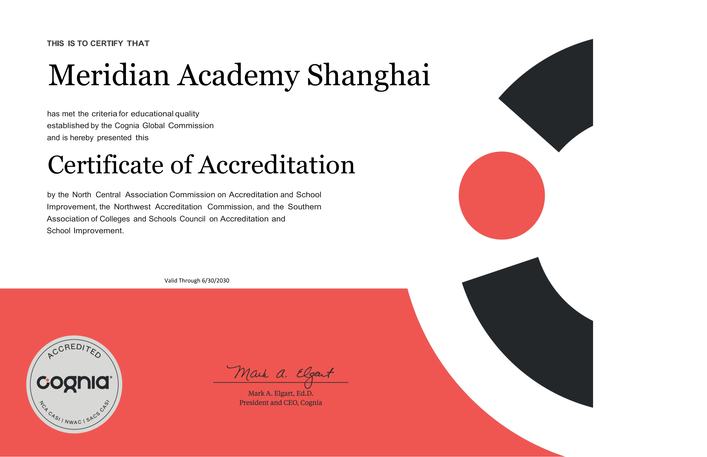 Cognia Certificate of Accreditation — Meridian Academy Shanghai